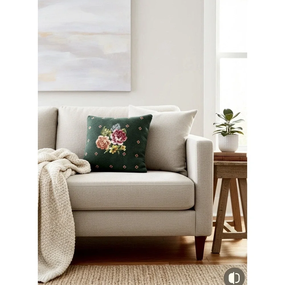 Handmade English Tapestry Green Rose Floral Pillow Wool And Velvet Cottagecore